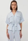 Esqualo Zip Front Belted Short Sleeve Shirt, Light Blue