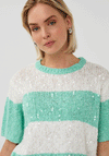 Esqualo Striped Sequin Short Sleeve Knit Sweater, Green