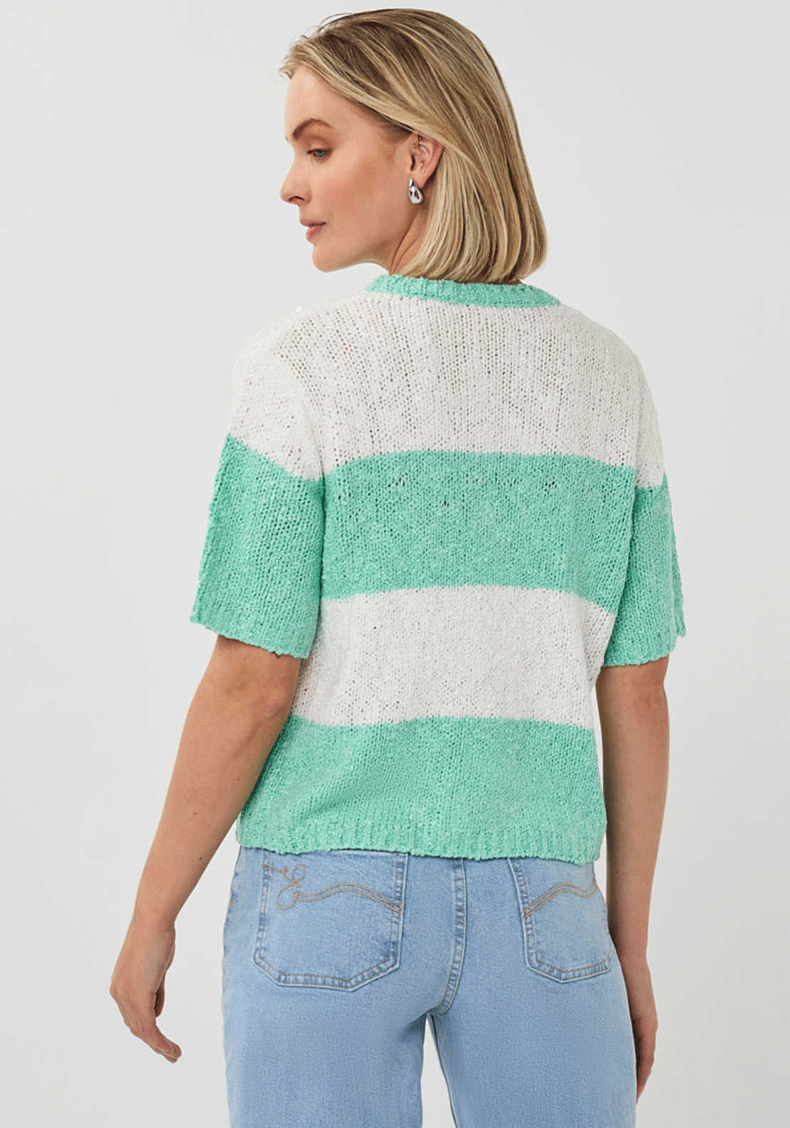 Esqualo Striped Sequin Short Sleeve Knit Sweater, Green
