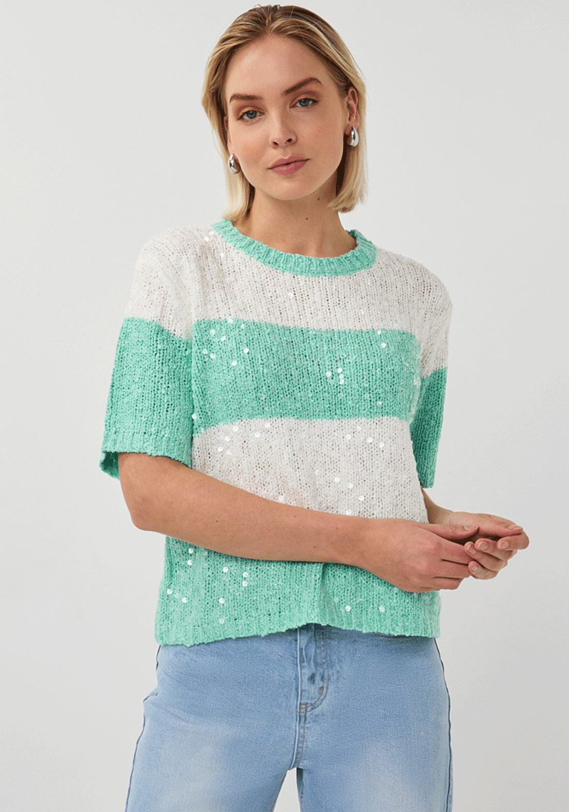 Esqualo Striped Sequin Short Sleeve Knit Sweater, Green