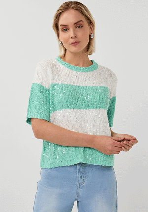 Esqualo Striped Sequin Short Sleeve Knit Sweater, Green