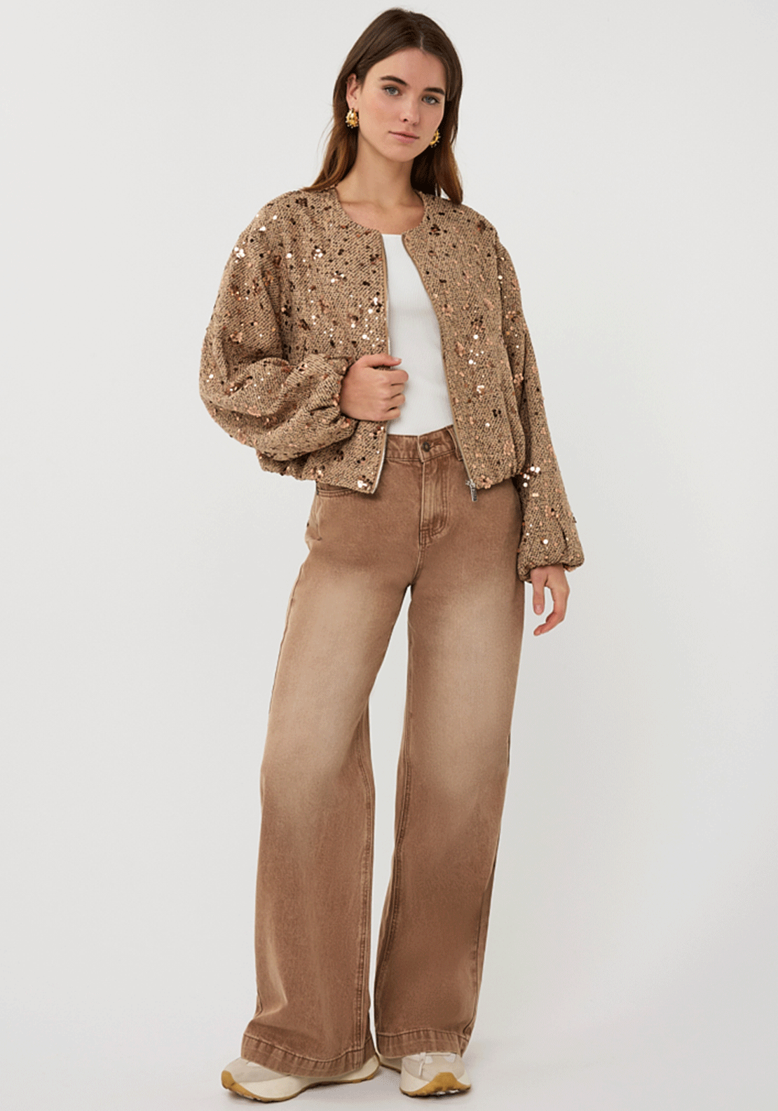 EsQualo Sequin Detail Zip Up Jacket, Light Brown Multi