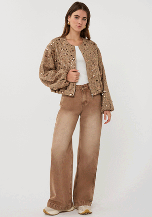 EsQualo Sequin Detail Zip Up Jacket, Light Brown Multi