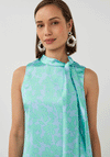 Esqualo Floral Satin Tie Neck Mini Dress, Green & Blue