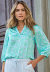 Esqualo Floral Satin V Neck Blouse, Green & Blue