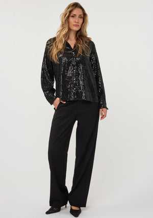Esqualo Button Up Sequin Blouse, Black