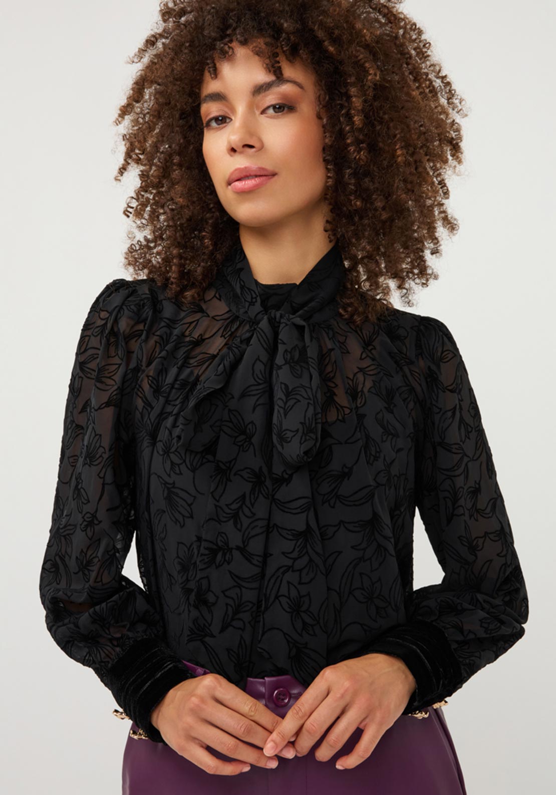 Esqualo Lace with Neck Scarf Detail Blouse, Black