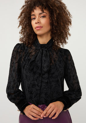 Esqualo Lace with Neck Scarf Detail Blouse, Black