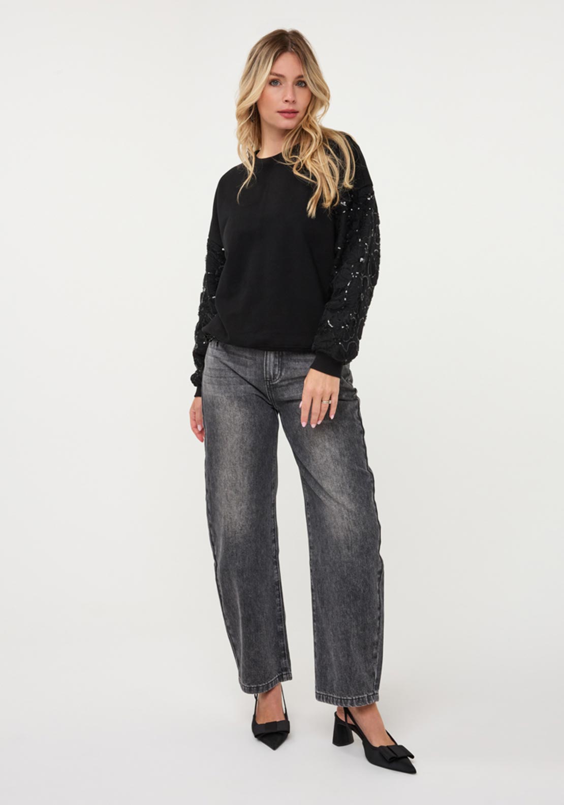 Esqualo Round Neckline with Sleeve Detail Jumper, Black