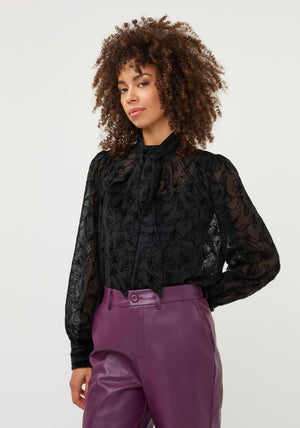 Esqualo Lace with Neck Scarf Detail Blouse, Black