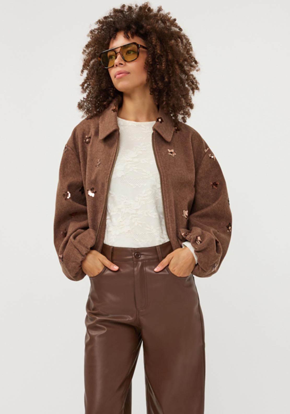 Esqualo Zip Up With Sequin Detail Jacket, Brown