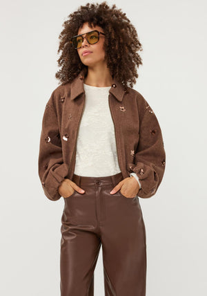 Esqualo Zip Up With Sequin Detail Jacket, Brown