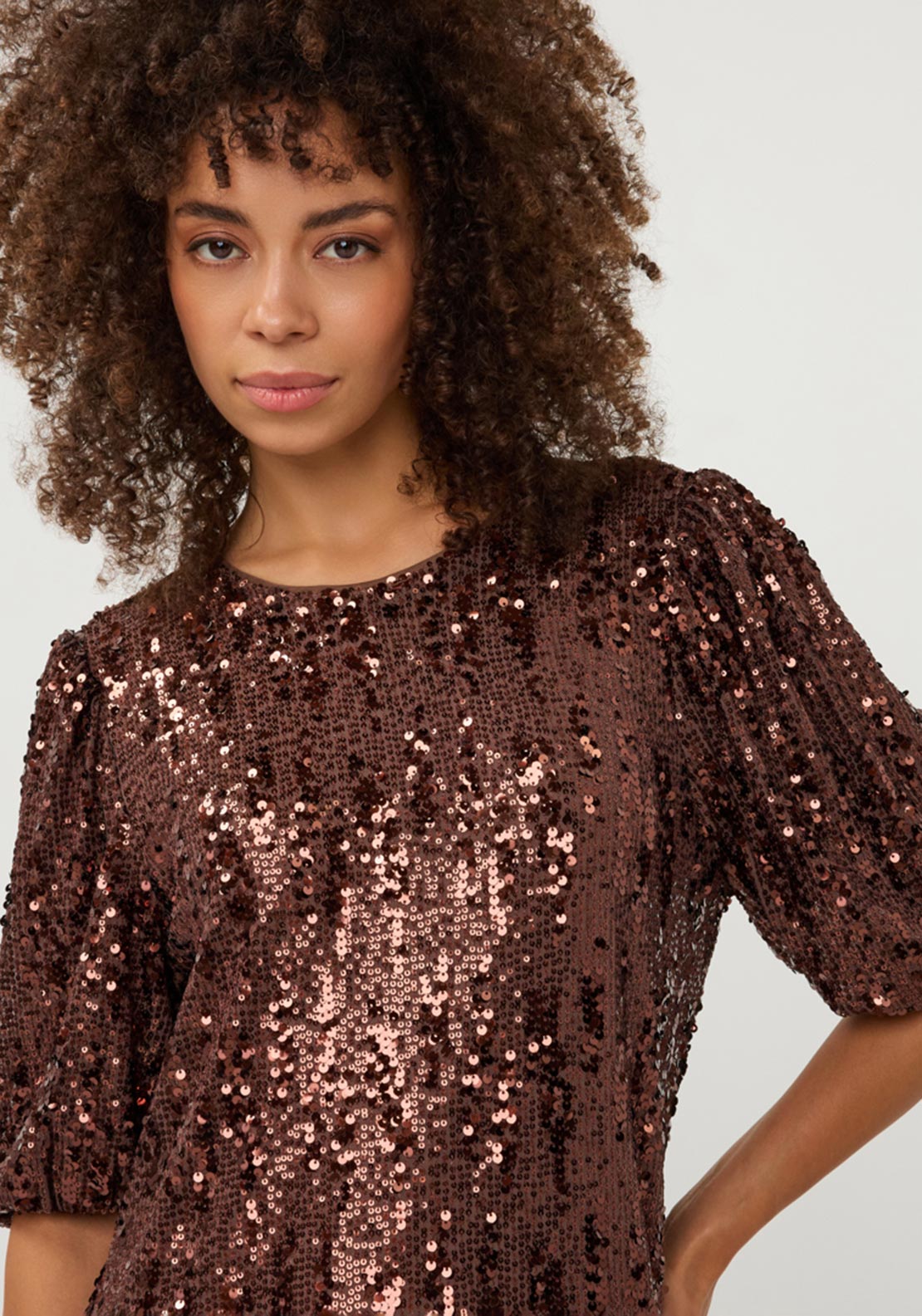 Esqualo Sequin with Balloon Sleeves Mini Dress, Brown