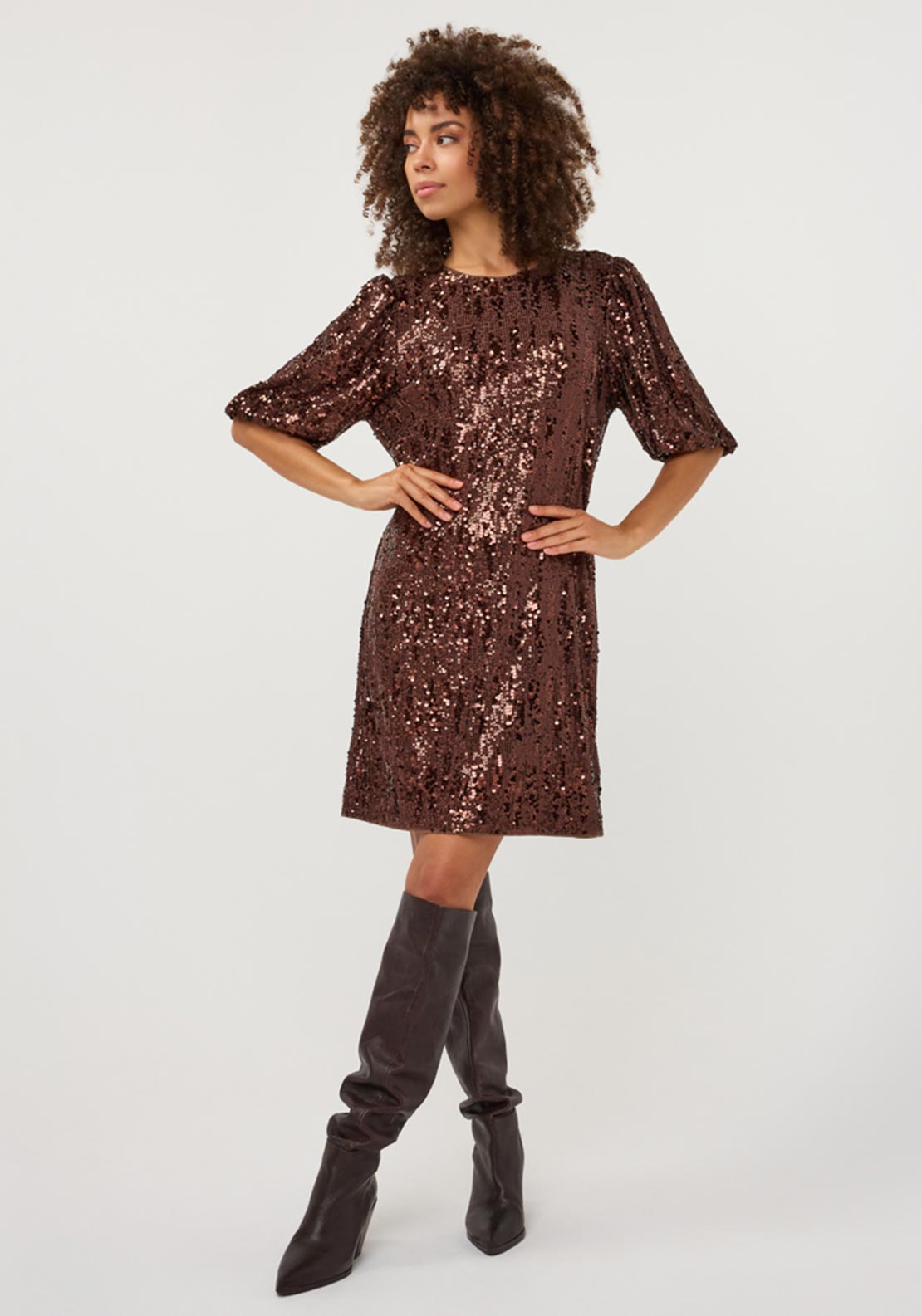 Esqualo Sequin with Balloon Sleeves Mini Dress, Brown