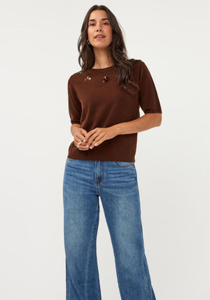 Esqualo Knitted with 3D Floral Detail Top, Brown