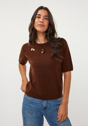 Esqualo Knitted with 3D Floral Detail Top, Brown