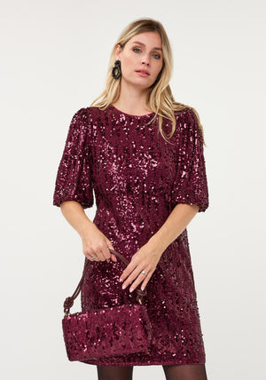 Esqualo Sequin with Balloon Sleeves Mini Dress, Wine