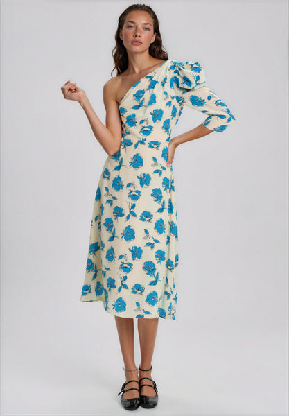 Exquise Floral One Sleeve Maxi Dress, Blue & Beige - McElhinneys Exquise Floral One Sleeve Maxi Dress, Blue & Beige - McElhinneys