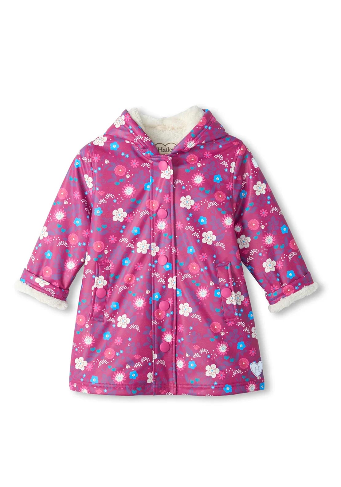 Hatley Mini Girl Tiny Flowers Sherpa Lined Rain Jacket, Pink