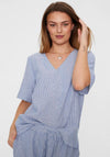 Freequent  Lava Striped V Neck Linen Top, Blue