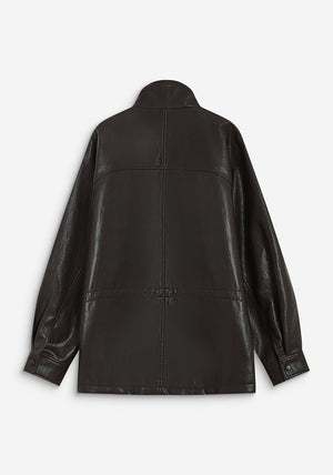 Grace & Mila Funnel Neck Faux Leather Jacket, Chocolate Brown
