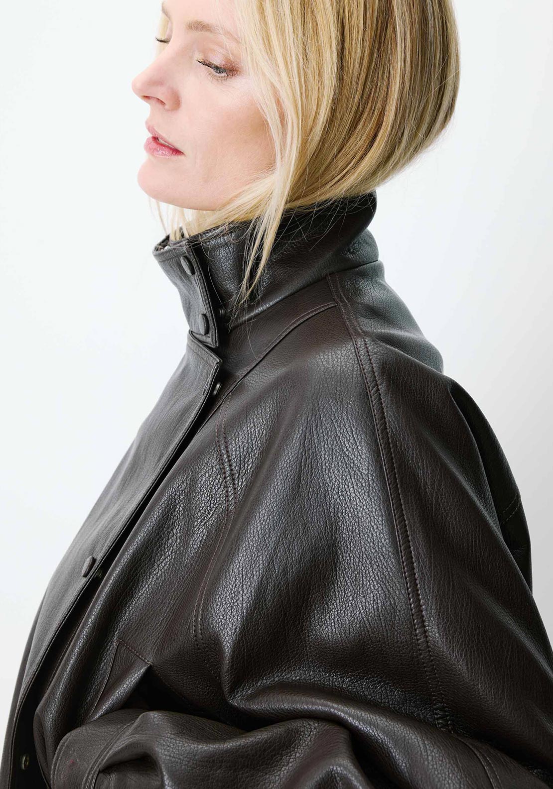 Grace & Mila Funnel Neck Faux Leather Jacket, Chocolate Brown