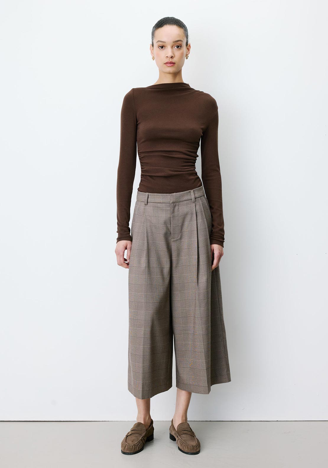 Grace & Mila Plaid Print Cropped Wide Leg Trousers, Beige
