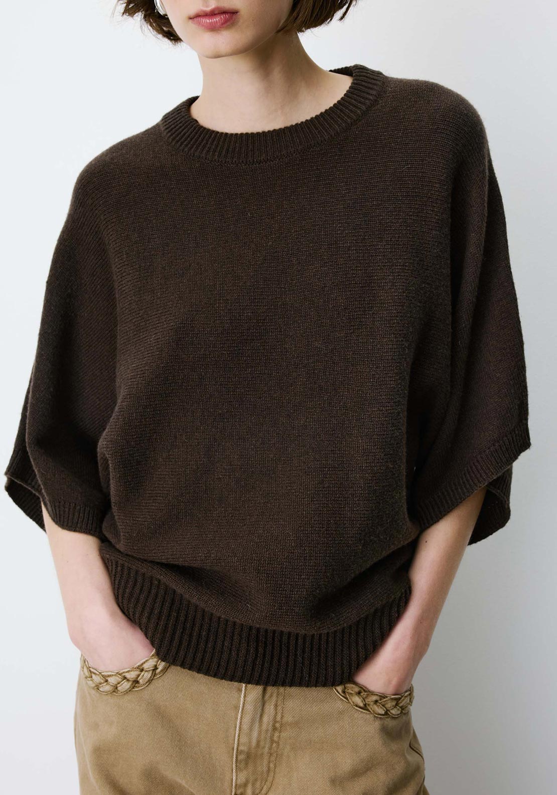 Grace & Mila Ribbed Round Neck Jumper, Chocolate Brown