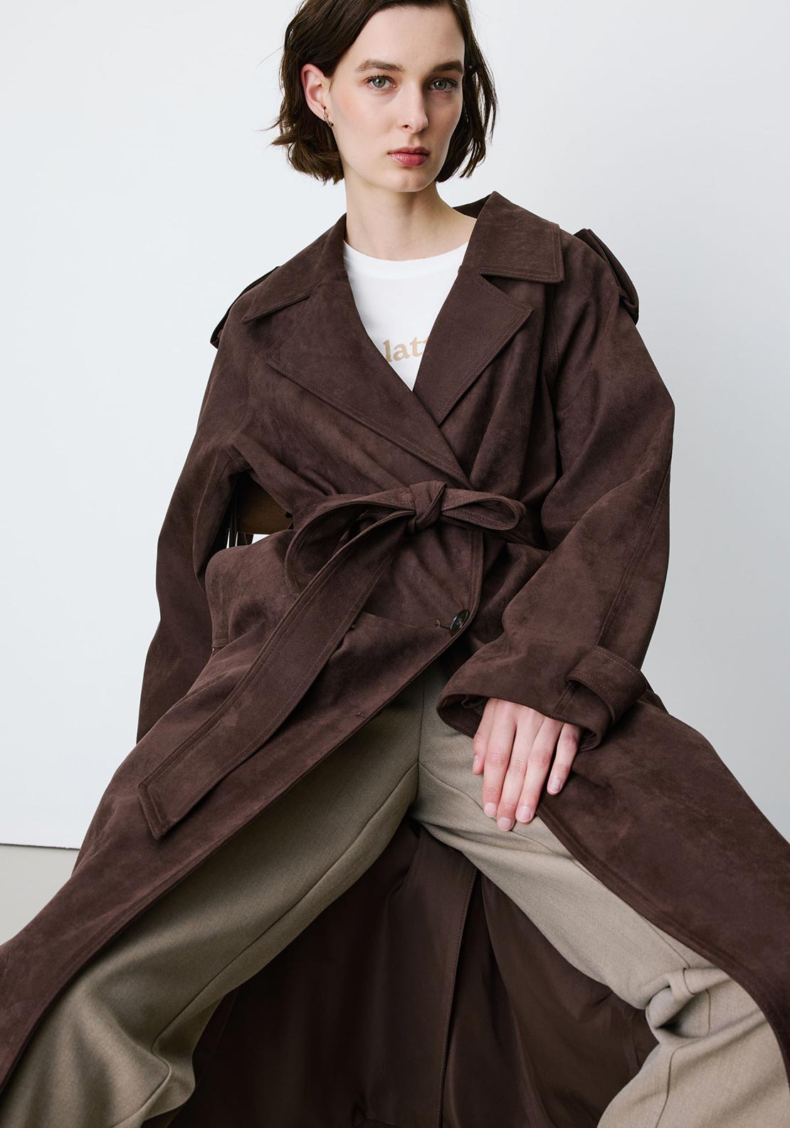 Grace & Mila Faux Suede Longline Trench Coat, Brown