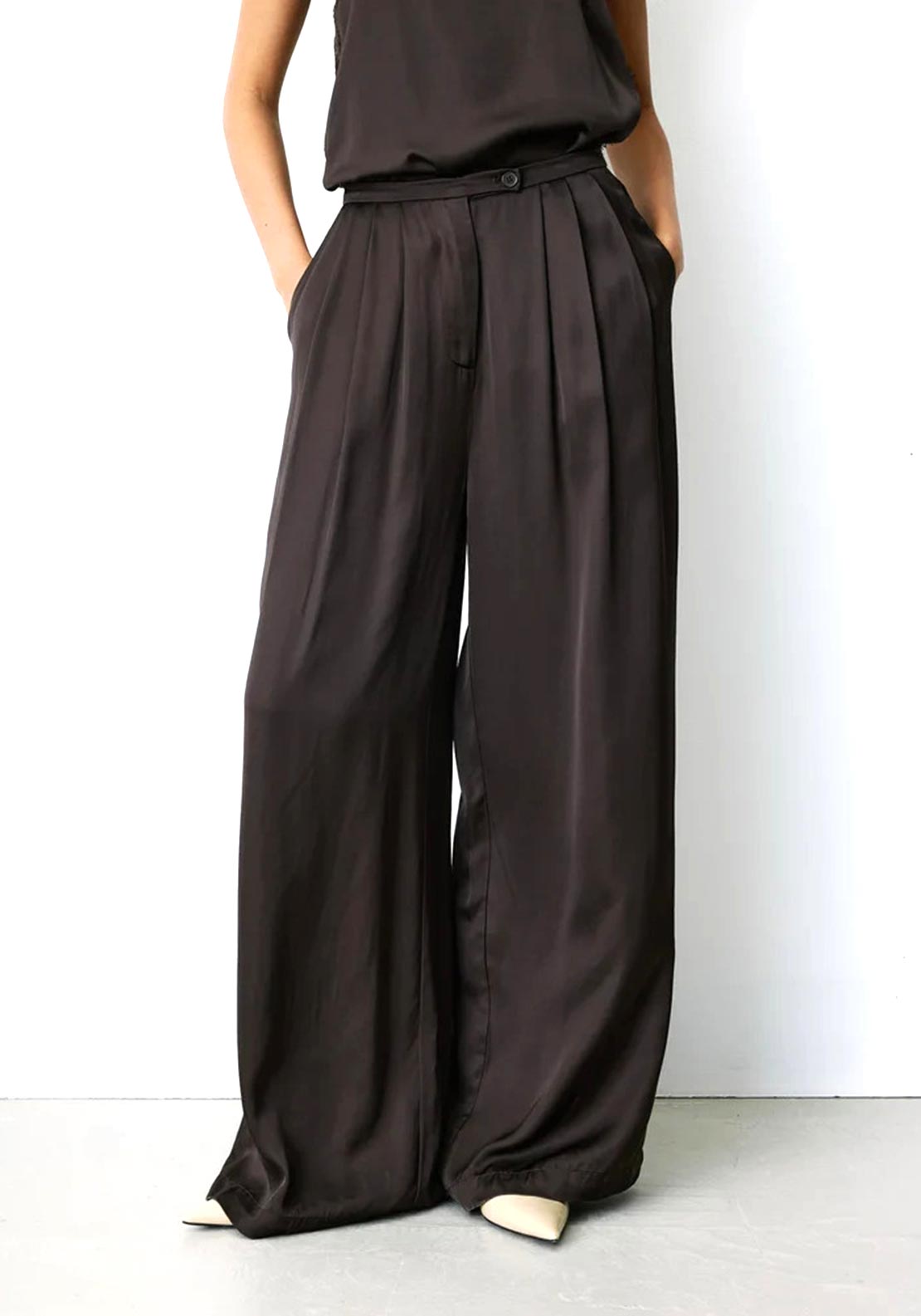 Grace & Mila Barnabe Satin Wide Leg Trousers, Chocolate Brown
