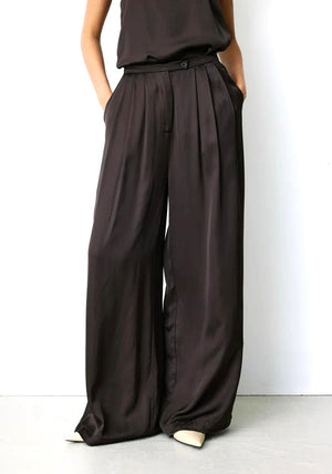 Grace & Mila Barnabe Satin Wide Leg Trousers, Chocolate Brown