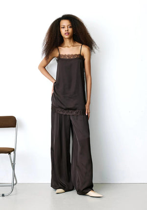 Grace & Mila Barnabe Satin Wide Leg Trousers, Chocolate Brown