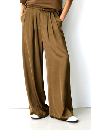 Grace & Mila Barnabe Satin Wide Leg Trousers, Olive Green