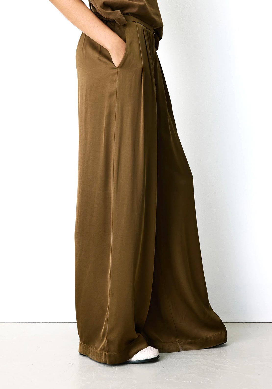 Grace & Mila Barnabe Satin Wide Leg Trousers, Olive Green