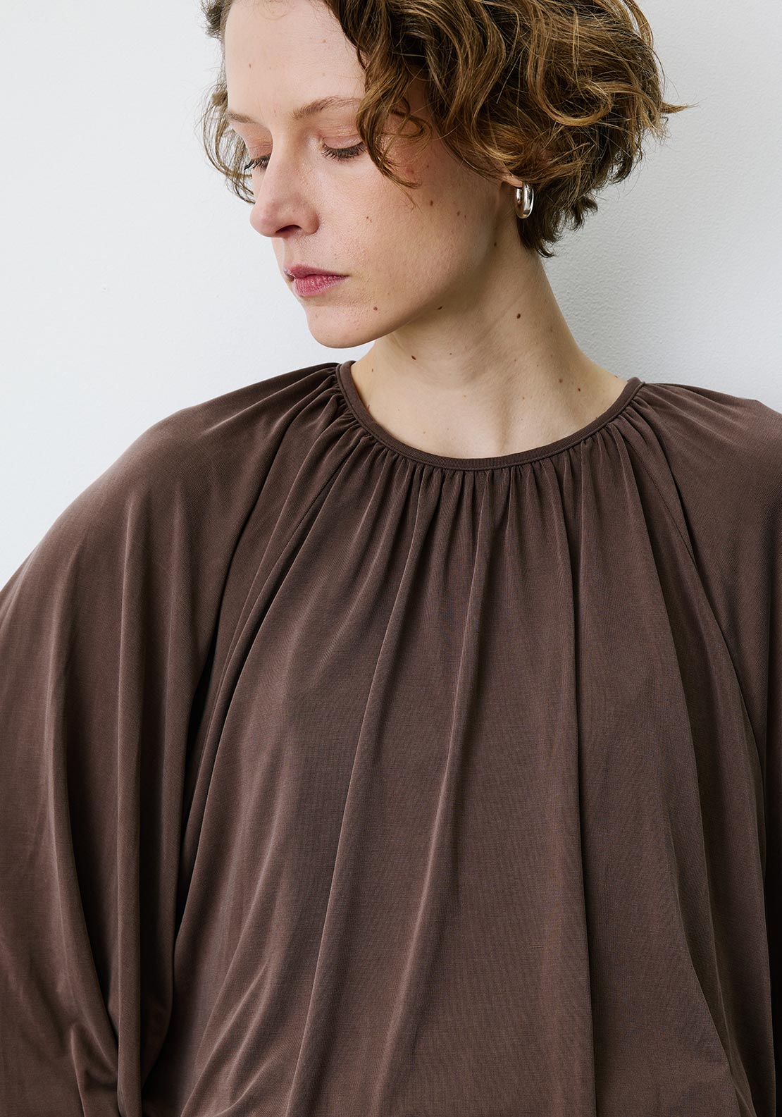 Grace & Mila Barbara Round Neckline Ruched Blouse, Brown