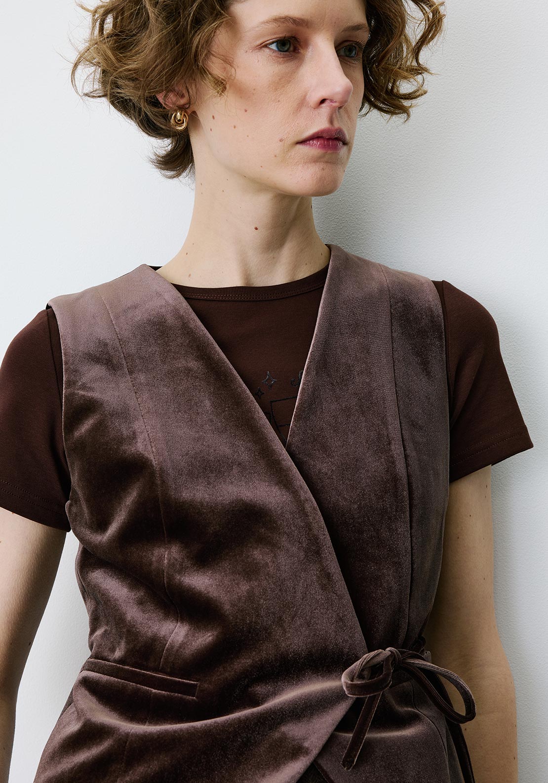 Grace & Mila Benny Suede Sleeveless with Belt Detail Waistcoat, Brown