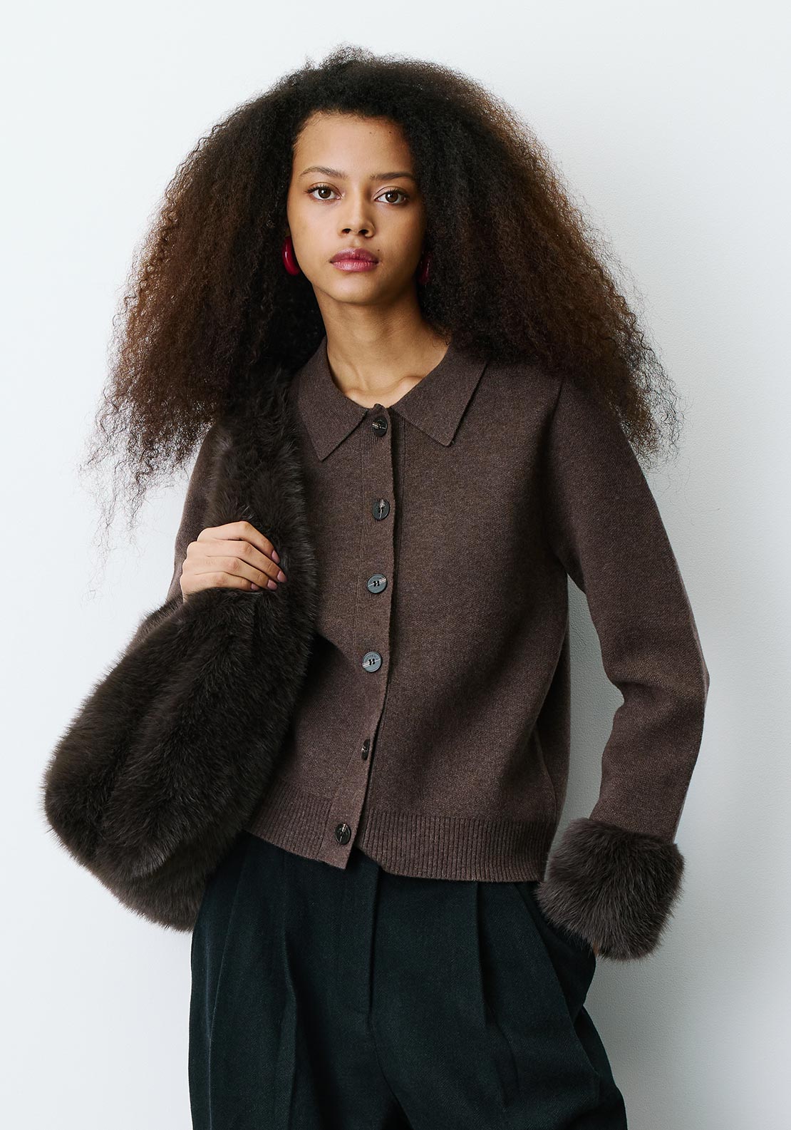 Grace & Mila Bambino Faux Fur Detail Cardigan, Brown