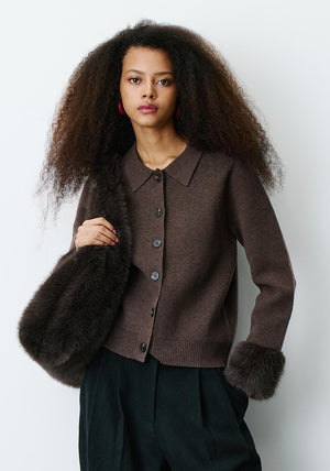 Grace & Mila Bambino Faux Fur Detail Cardigan, Brown