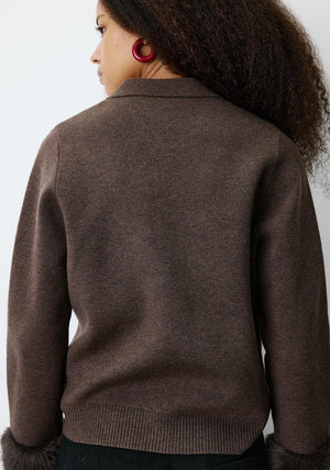 Grace & Mila Bambino Faux Fur Detail Cardigan, Brown