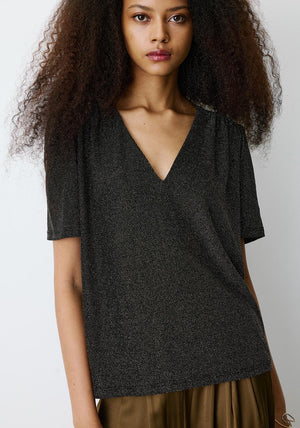 Grace & Mila Basilic V Neck Lurex Top, Black & Gold