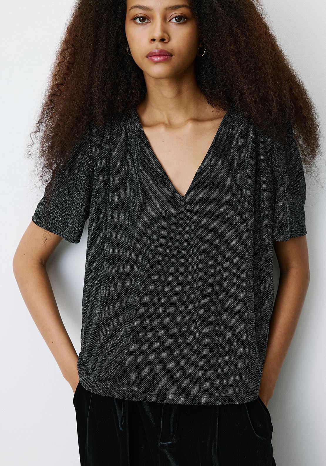 Grace & Mila Basilic V Neck Lurex Top, Black & Silver