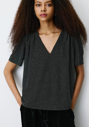 Grace & Mila Basilic V Neck Lurex Top, Black & Silver