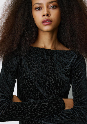 Grace & Mila Bora Mesh Leopard Print Boat Neckline Top, Black