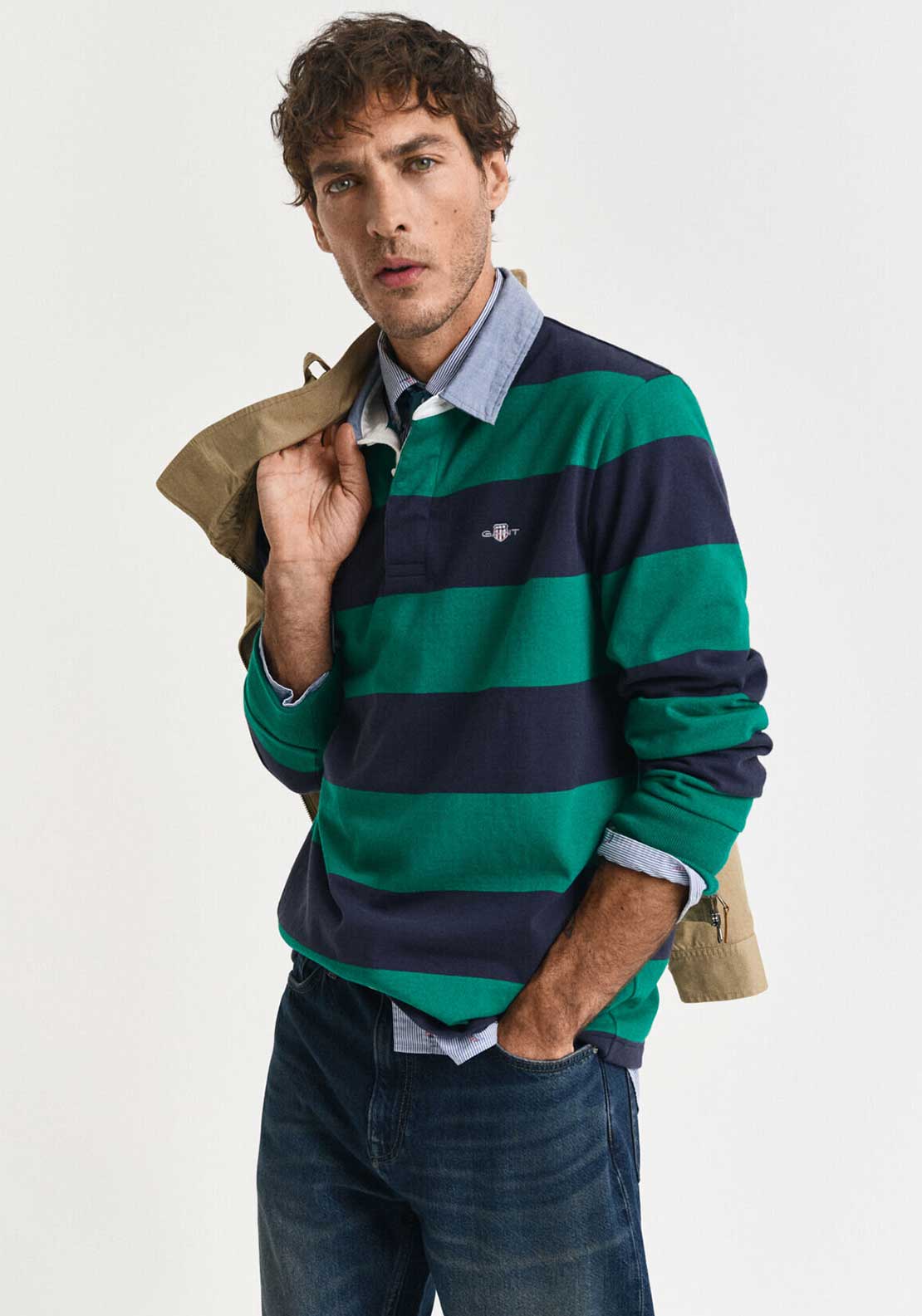 Gant Chambray Heavy Rugger Barstripe Polo Shirt, Deep Green