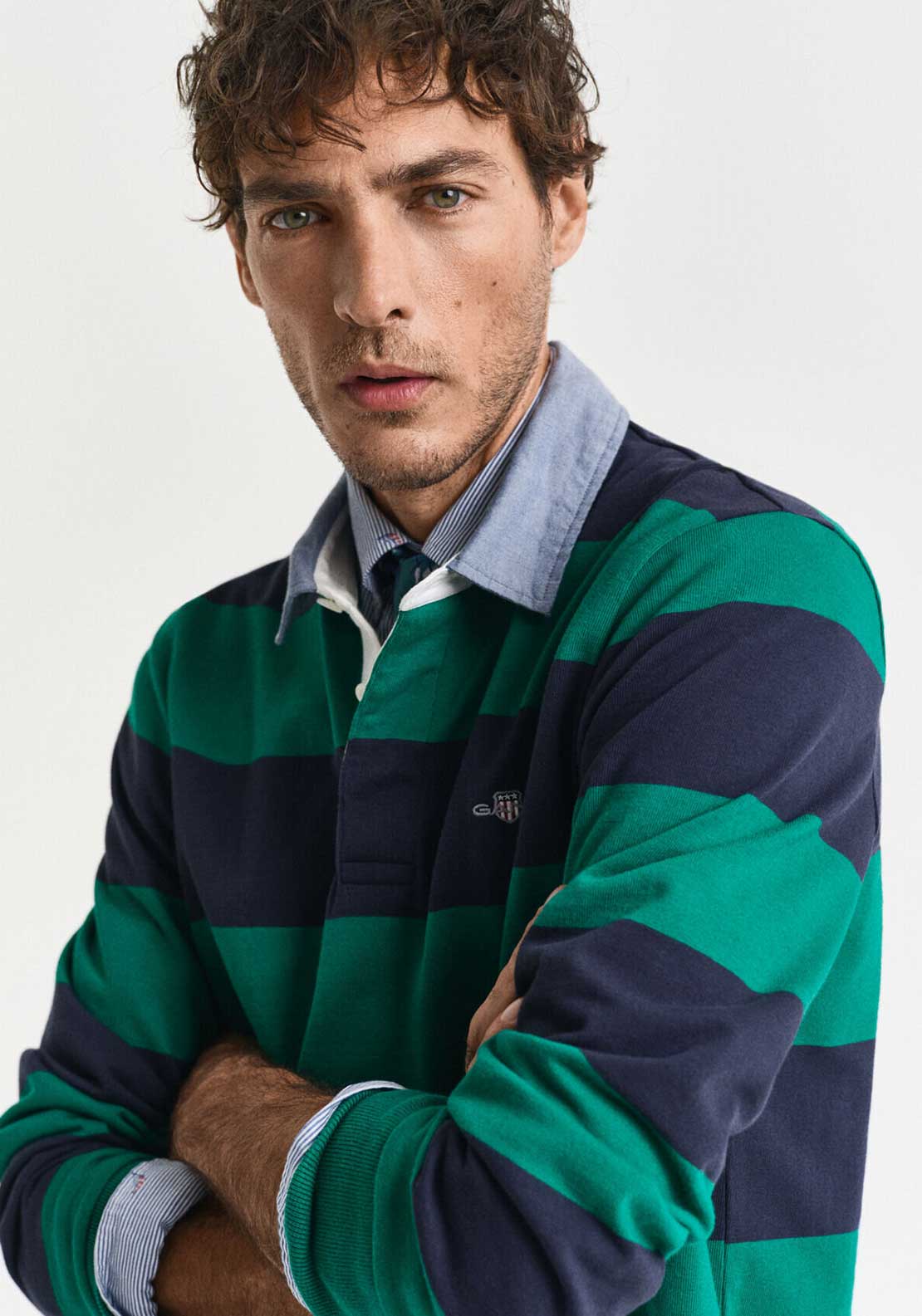 Gant Chambray Heavy Rugger Barstripe Polo Shirt, Deep Green