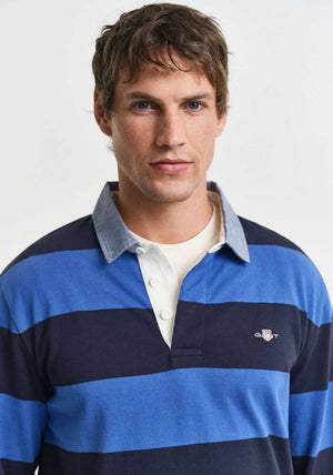 Gant Chambray Heavy Rugger Barstripe Polo Shirt, Rich Blue