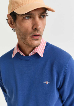 Gant Classic Cotton Crew Neck Sweater, Rich Blue