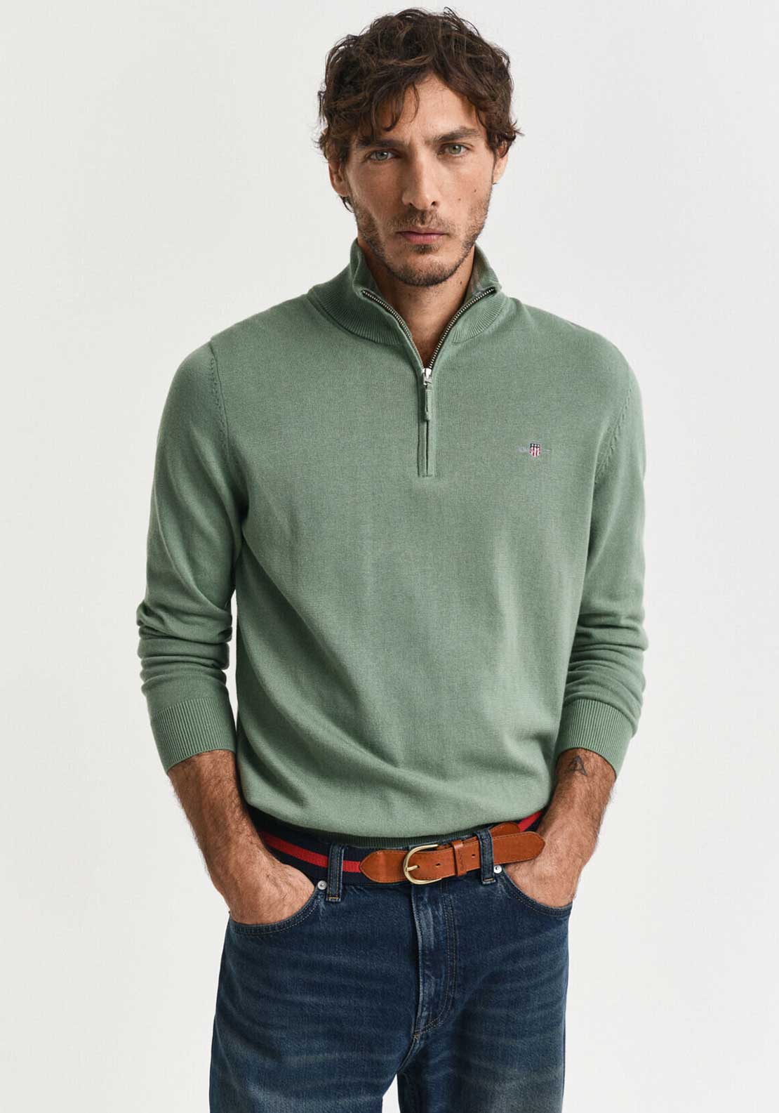Gant Classic Cotton Half Zip Sweater, Kalamata Green