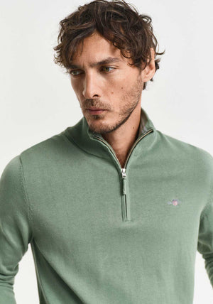 Gant Classic Cotton Half Zip Sweater, Kalamata Green