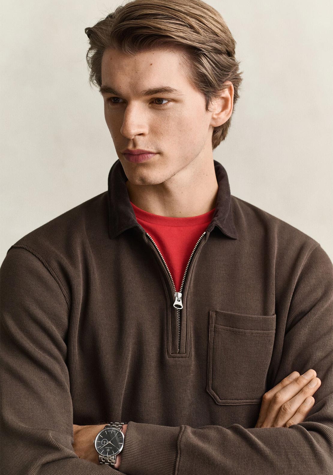 Gant Cord Collar Half Zip Rugby Shirt, Brown